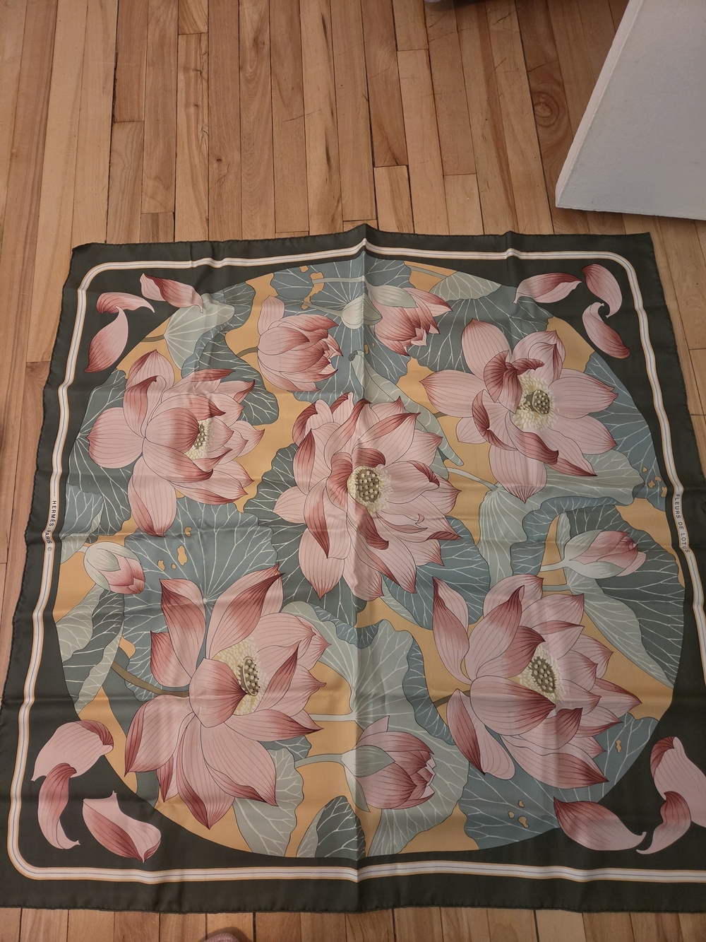 Hermes Pink and Green Lotus Floral Scarf
